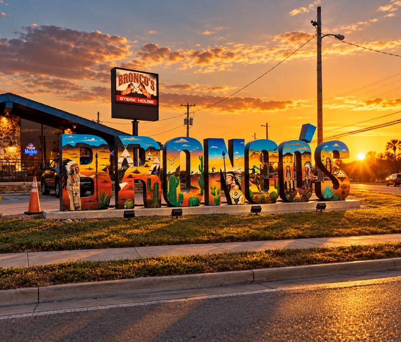 The giant painted BRONCO’S letters beside the road on South Main Street at sunset, with the pole sign behind
