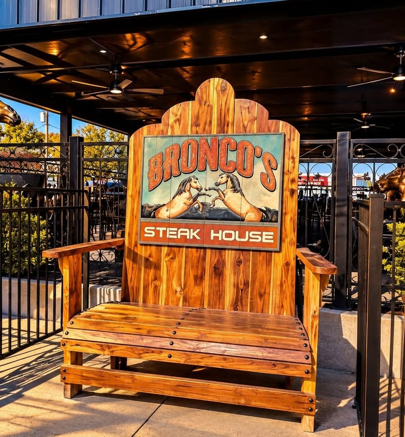 The giant carved wooden Bronco’s Steak House chair on the covered patio