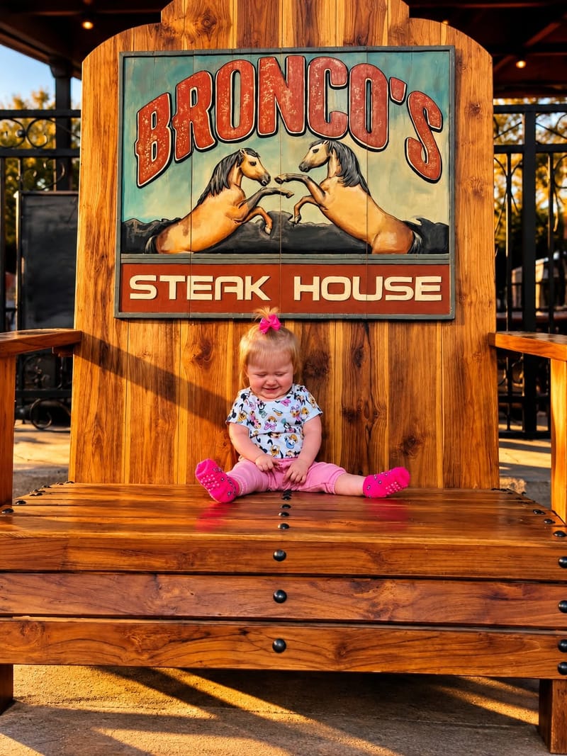 A little girl in a cowgirl outfit sitting in the giant Bronco’s Steak House chair
