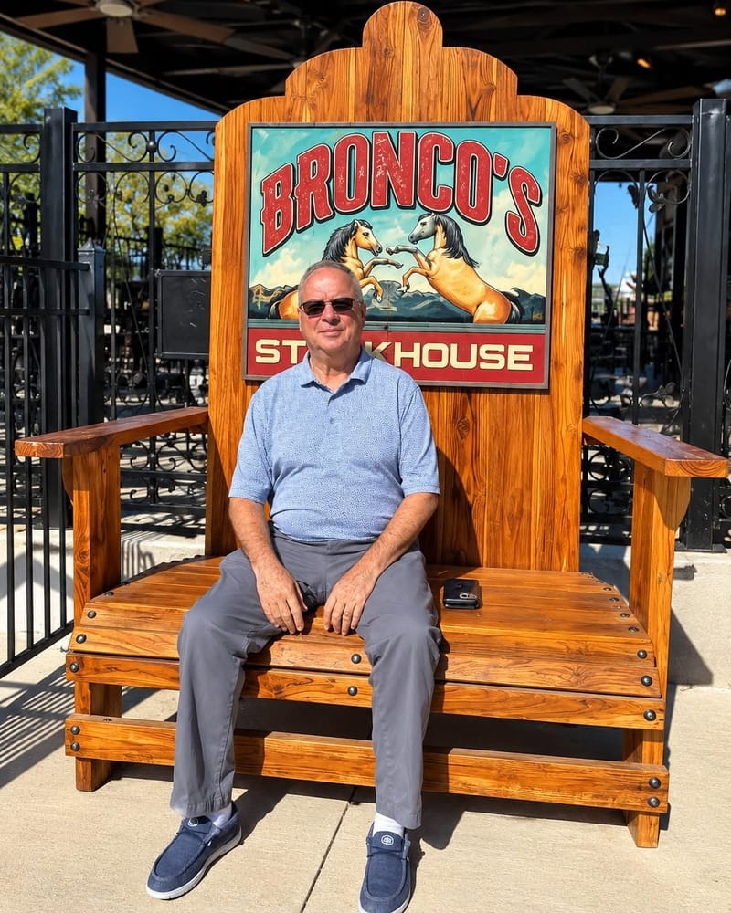 A guest sitting in the giant Bronco’s chair on opening day