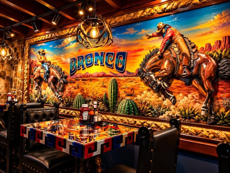 A carved, painted mural of riders on bucking broncos against a desert sunset, above a mosaic table