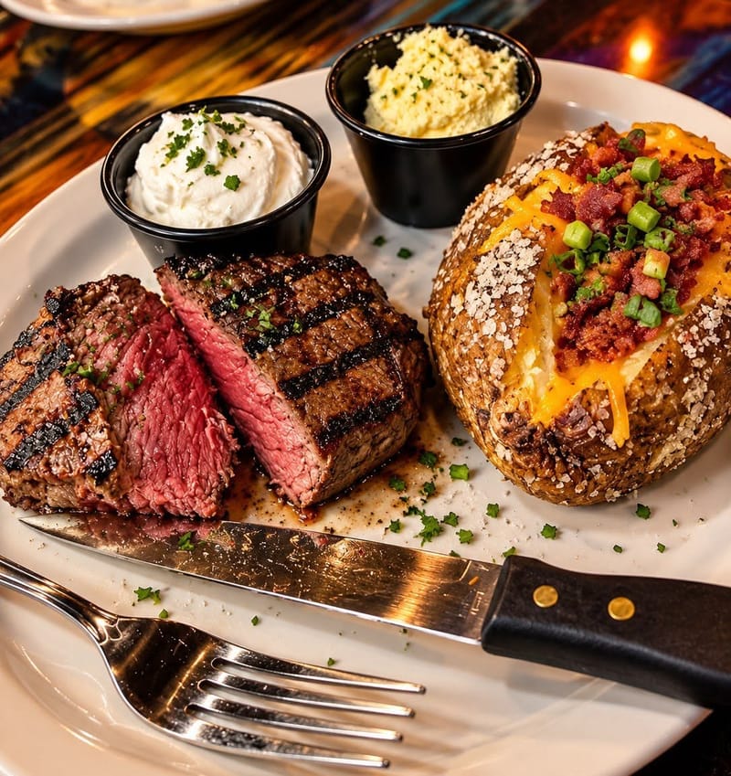 Sliced grilled steak with a loaded baked potato, sour cream and butter